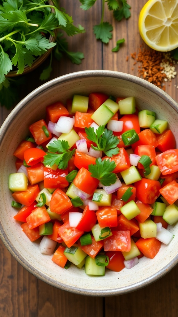 A colorful Tomato Kachumber salad with diced tomatoes, cucumbers, and onions, garnished with coriander on a wooden table.